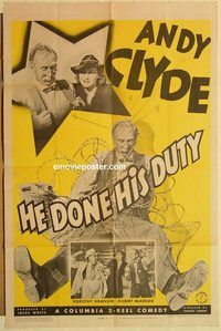a730 HE DONE HIS DUTY one-sheet movie poster '37 Andy Clyde, Granger