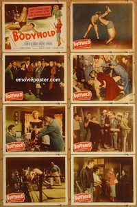 a956 BODYHOLD 8 movie lobby cards '50 Willard Parker, wrestling!