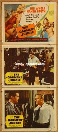 b332 GARMENT JUNGLE 3 movie lobby cards '61 Lee J Cobb, Kerwin Mathews