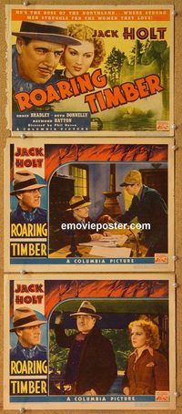 b357 ROARING TIMBER 3 movie lobby cards '37 Jack Holt, logging!