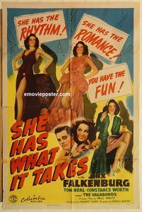 a856 SHE HAS WHAT IT TAKES one-sheet movie poster '43 Jinx Falkenburg