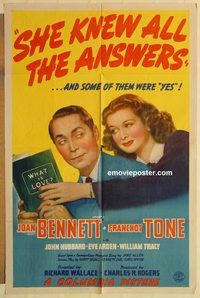 a857 SHE KNEW ALL THE ANSWERS one-sheet movie poster '41 Joan Bennett