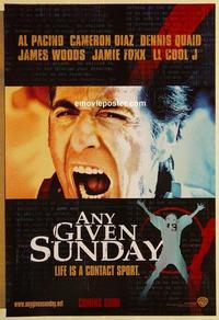 f038 ANY GIVEN SUNDAY teaser one-sheet movie poster '99 Al Pacino, Diaz