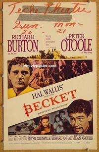 h101 BECKET window card movie poster '64 Richard Burton, Peter O'Toole