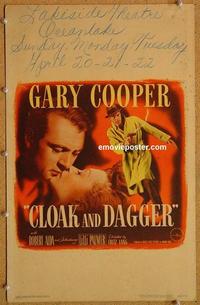 h114 CLOAK & DAGGER window card movie poster '46 Gary Cooper, Palmer