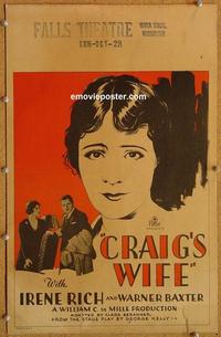 h116 CRAIG'S WIFE window card movie poster '28 Irene Rich, Warner Baxter