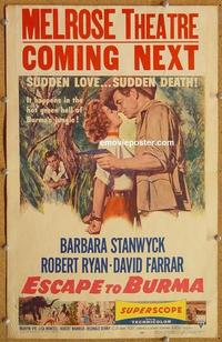 h125 ESCAPE TO BURMA window card movie poster '55 Robert Ryan, Stanwyck