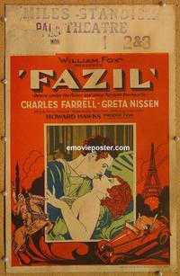 h129 FAZIL window card movie poster '28 Howard Hawks, Greta Nissen, Farrell