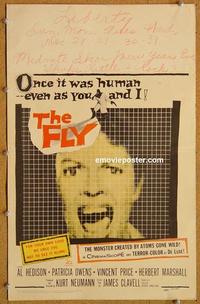 h135 FLY window card movie poster '58 Vincent Price, classic sci-fi!