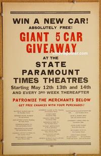 h138 GIANT 5 CAR GIVEAWAY window card movie poster '30s Paramount Time Theatre!