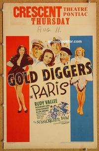 h140 GOLD DIGGERS IN PARIS window card movie poster '38 Rudy Vallee, Lane