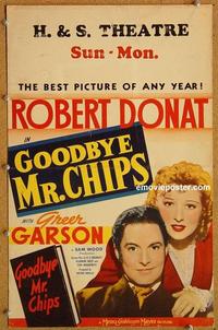 h142 GOODBYE MR CHIPS window card movie poster '39 Robert Donat, Greer Garson