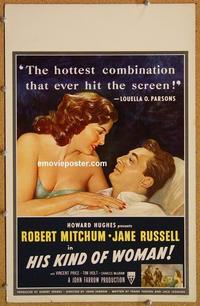 h149 HIS KIND OF WOMAN window card movie poster '51 Mitchum, Jane Russell