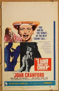 h153 I SAW WHAT YOU DID window card movie poster '65 Joan Crawford, Ireland