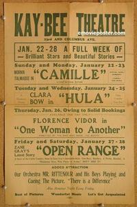 h111 CAMILLE/HULA/ONE WOMAN TO ANOTHER/OPEN RANGE window card movie poster '27