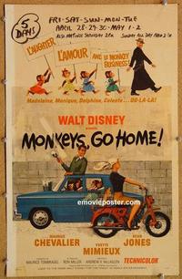 h172 MONKEYS GO HOME window card movie poster '67 Walt Disney, Chevalier