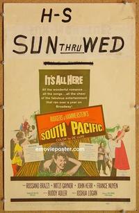 h193 SOUTH PACIFIC window card movie poster '59 Rossano Brazzi, Mitzi Gaynor