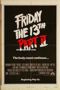 k374 FRIDAY THE 13TH 2 advance teaser one-sheet movie poster '81 slasher horror!
