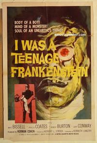 k500 I WAS A TEENAGE FRANKENSTEIN int'l one-sheet movie poster '57 AIP horror!