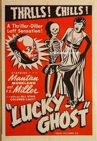 k623 LUCKY GHOST 1sh R48 Toddy, wacky art of Mantan Moreland with skeleton & screaming girl!