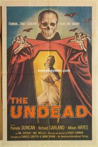 m072 UNDEAD one-sheet movie poster '57 Roger Corman, wild skeleton image!