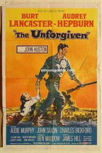 m076 UNFORGIVEN one-sheet movie poster '60 Burt Lancaster, Hepburn