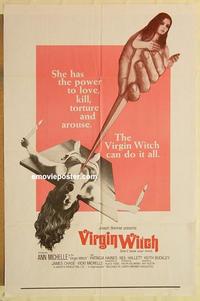 m098 VIRGIN WITCH int'l 1sh '72 Ann Michelle occult horror, wild image of girl to be sacrificed!