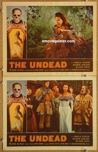 s736 UNDEAD 2 movie lobby cards '57 Roger Corman, wild skeleton image!