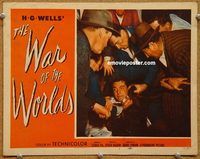 s764 WAR OF THE WORLDS movie lobby card #1 '53 Gene Barry held down!