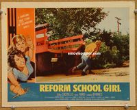 v816 REFORM SCHOOL GIRL movie lobby card #4 '57 men fighting by truck!