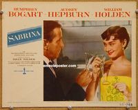 v841 SABRINA movie lobby card #4 '54 Audrey Hepburn toasts Bogart!