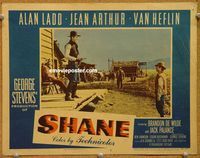 v862 SHANE movie lobby card #2 '53 Jack Palance shoots Elisha Cook Jr