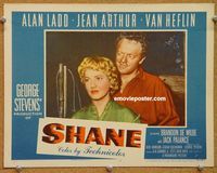 v861 SHANE movie lobby card #7 '53 Alan Ladd & Jean Arthur close up!