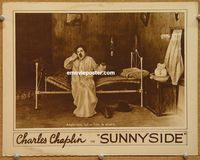 v944 SUNNYSIDE movie lobby card '19 Charlie Chaplin waking up!