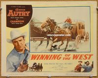 w070 WINNING OF THE WEST movie lobby card '52 Gene Autry, stagecoach!