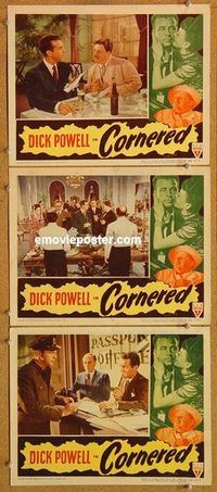 a460 CORNERED 3 movie lobby cards '46 Dick Powell, Walter Slezak