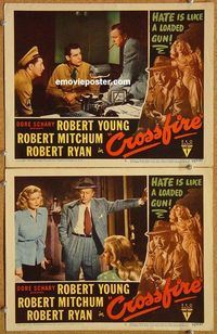 a264 CROSSFIRE 2 movie lobby cards '47 Robert Young, Mitchum, Ryan