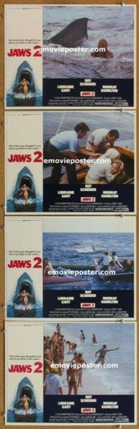 a586 JAWS 2 4 movie lobby cards '78 Roy Scheider, man-eating shark!