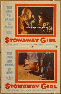a396 STOWAWAY GIRL 2 movie lobby cards '57 pretty Elsa Martinelli!