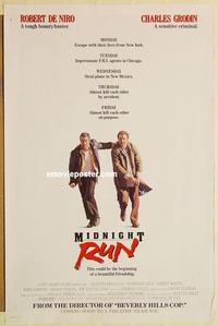c611 MIDNIGHT RUN advance one-sheet movie poster '88 Robert De Niro, Grodin