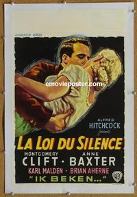 d169 I CONFESS linen Belgian movie poster '53 Alfred Hitchcock, Clift