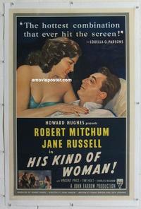 d372 HIS KIND OF WOMAN linen one-sheet movie poster '51 Mitchum, Jane Russell