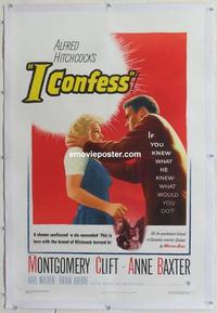d375 I CONFESS linen one-sheet movie poster '53 Alfred Hitchcock, Clift