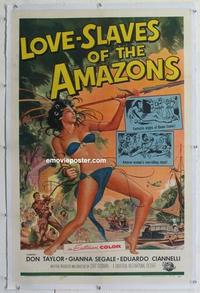 d393 LOVE-SLAVES OF THE AMAZONS linen one-sheet movie poster '57 sexy!