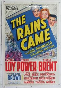 d415 RAINS CAME linen one-sheet movie poster '39 Myrna Loy, Tyrone Power