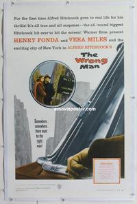 d466 WRONG MAN linen one-sheet movie poster '57 Henry Fonda, Hitchcock