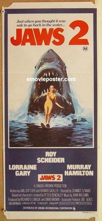 e729 JAWS 2 'red' style Australian daybill movie poster '78 man-eating shark!
