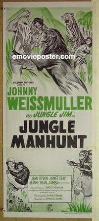 e738 JUNGLE MANHUNT Australian daybill movie poster '51 Johnny Weissmuller