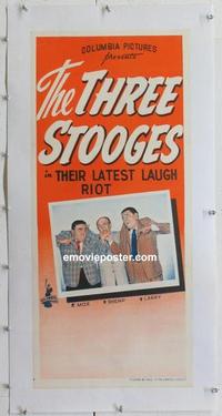 k073 THREE STOOGES linen Aust daybill '50s credit mix-up on poster for Moe, Shemp & Larry!