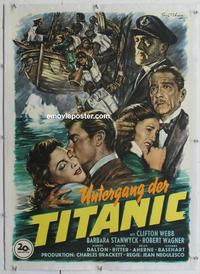 k114 TITANIC linen German movie poster '53 Clifton Webb, Stanwyck